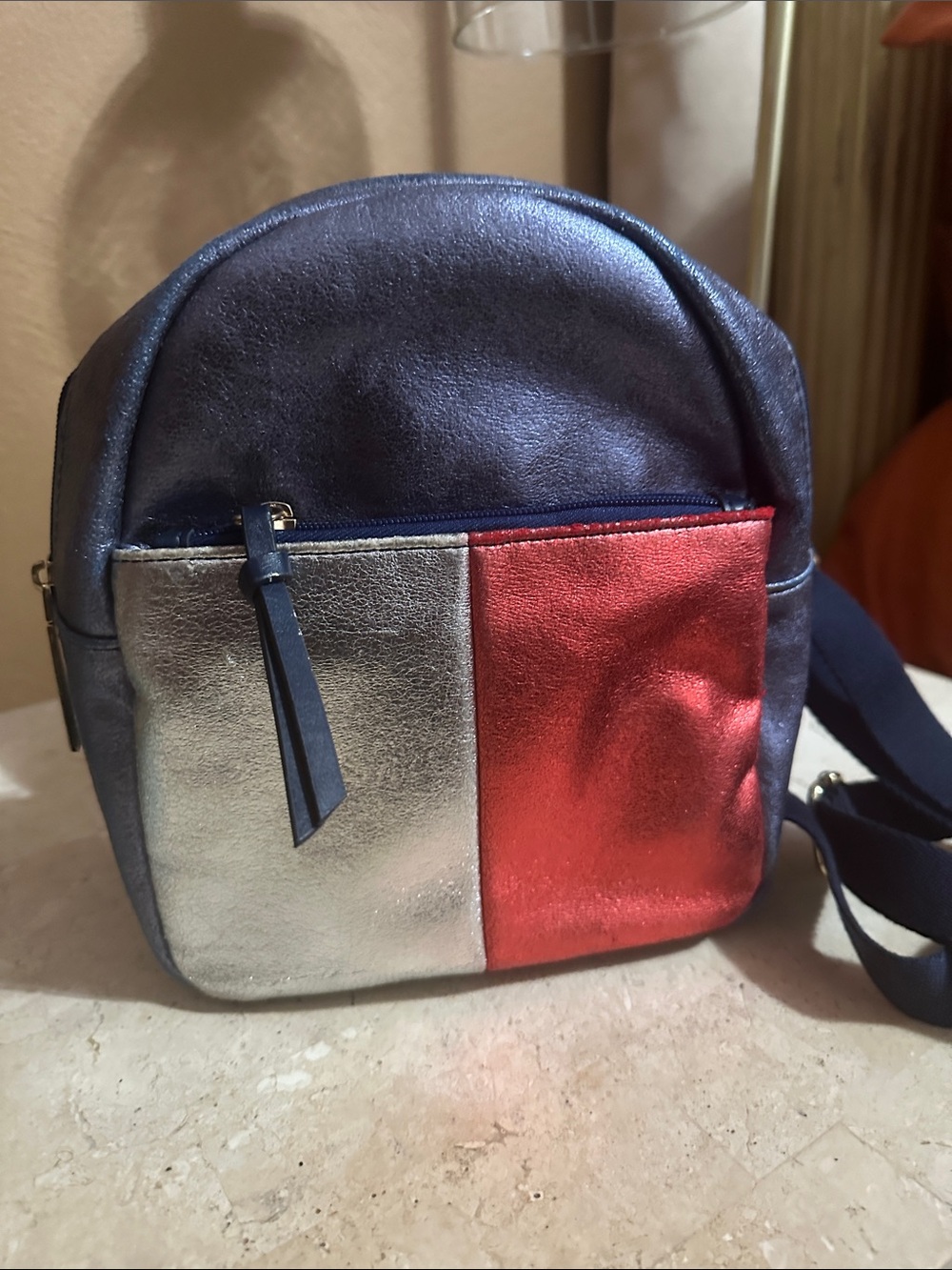 Tommy Hilfiger Metallic Navy Mini Backpack with Silver & Red Front Panels